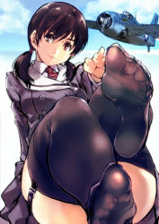Rule 34 | 1girl, aircraft, airplane, ass, black pantyhose, black thighhighs, blue sky, breasts, brown eyes, brown hair, closed mouth, commentary request, feet up, garter straps, grey jacket, hair ornament, highres, jacket, kamisimo 90, knees up, long hair, looking at viewer, necktie, original, panties, pantyhose, red necktie, shirt, sky, smile, soles, solo, thighhighs, twintails, twintails nurse (kamisimo 90), underwear, white panties