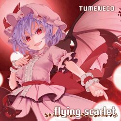 Rule 34 | album cover, attack, back bow, bad source, bat (animal), bat wings, black trim, blue hair, bow, center frills, collared shirt, colored eyelashes, cover, danmaku, english text, fang, fingernails, frilled hat, frilled shirt, frilled wristband, frills, hand on own chest, hat, hat ribbon, lace, lace-trimmed shirt, lace trim, looking at viewer, mob cap, moon, nail polish, non-web source, official art, open mouth, outstretched arm, pink hat, pink shirt, pink skirt, pointing, pointy ears, puffy short sleeves, puffy sleeves, red bow, red eyes, red moon, red nails, red ribbon, red sash, red sky, red wrist cuffs, remilia scarlet, ribbon, ribbon-trimmed sleeves, ribbon trim, sash, sharp fingernails, shirt, short hair, short sleeves, skirt, skirt set, sky, slit pupils, smile, source request, spell card, tamahana, touhou, touhou cannonball, wings, wrist cuffs