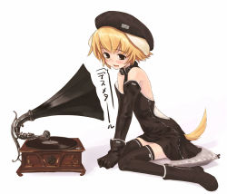 Rule 34 | 1girl, animal ears, bare shoulders, beret, black gloves, black thighhighs, blonde hair, blush, boots, child, collar, dog ears, dog tail, elbow gloves, fine art parody, gloves, gun, hat, his master&#039;s voice, miniskirt, open mouth, parody, phonograph, pillow, record, refeia, rifle, short hair, sitting, skirt, sniper rifle, solo, tail, thighhighs, translated, weapon, zettai ryouiki, zipper
