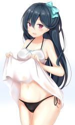Rule 34 | 1girl, :d, aqua bow, armpit crease, bad id, bad twitter id, bare arms, bare shoulders, black bra, black hair, black panties, blush, bow, bra, bra strap, breasts, clothes lift, collarbone, cowboy shot, dress, dress lift, gradient background, groin, hair between eyes, hair bow, halterneck, highres, legs together, long hair, looking at viewer, medium breasts, navel, open mouth, panties, phantasy star, phantasy star online 2, red eyes, side-tie panties, smile, solo, spaghetti strap, standing, stomach, underwear, washinomiya koori, white background, white dress, yuano