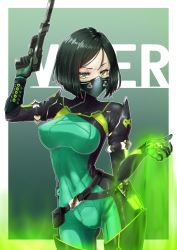 Rule 34 | 1girl, animification, belt, black belt, black hair, bodysuit, breasts, character name, gas, green bodysuit, green eyes, gun, handgun, highres, holding, holding gun, holding weapon, leaning to the side, mask, medium breasts, mouth mask, open hand, pistol, roro rosset, short hair, skin tight, solo, suppressor, thighhighs, valorant, viper (valorant), weapon