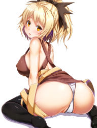 Rule 34 | 1girl, ass, black thighhighs, blonde hair, blush, bow, breasts, cameltoe, covered erect nipples, crotch seam, ebi 193, female focus, hair bow, kurodani yamame, large breasts, looking at viewer, looking back, panties, parted lips, ponytail, simple background, sitting, solo, thighhighs, touhou, underwear, wariza, white background, white panties, yellow eyes