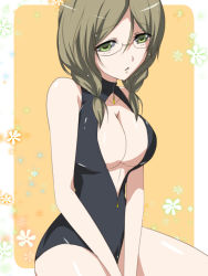 Rule 34 | 1girl, :o, amakusa itsuki, bare shoulders, breasts, brown hair, cleavage, cleavage cutout, clothing cutout, collarbone, green eyes, large breasts, solo, swimsuit