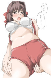 Rule 34 | 1girl, blush, bra, breasts, brown eyes, brown hair, buruma, cameltoe, clothes lift, elf (stroll in the woods), from below, girls und panzer, gluteal fold, headband, highres, kondou taeko, large breasts, looking at viewer, looking down, open mouth, red buruma, shirt lift, simple background, solo, speech bubble, standing, translation request, underwear, white background, white bra