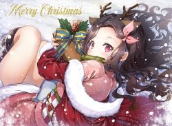 Rule 34 | 1girl, animal ears, antlers, bit gag, black hair, blush, bow, box, brown hair, coat, commentary request, deer ears, forehead, fur-trimmed coat, fur trim, gag, gagged, gift, gift box, hair ribbon, holly, horns, hugging object, japanese clothes, kamado nezuko, kimetsu no yaiba, kimono, long hair, looking at viewer, lying, melings (aot2846), multicolored hair, obi, off shoulder, on side, pink kimono, pink ribbon, purple eyes, red coat, reindeer antlers, ribbon, sash, snow, snowing, solo, striped, striped bow, two-tone hair, wavy hair