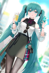 Rule 34 | 1girl, :o, aqua eyes, aqua hair, asahi kuroi, bag, bare shoulders, black pantyhose, blurry, blurry background, character doll, clothing cutout, clothing request, commentary, cup, detached sleeves, english text, eyewear hang, unworn eyewear, hair ribbon, hatsune miku, heart, highres, holding, holding cup, holding phone, layered skirt, long hair, looking at viewer, miniskirt, neck ribbon, number tattoo, open mouth, outdoors, pantyhose, phone, plaid, plaid skirt, ribbon, shoulder cutout, shoulder tattoo, sidelocks, signature, skirt, solo, standing, sunglasses, tattoo, twintails, very long hair, vocaloid, watch, wristwatch