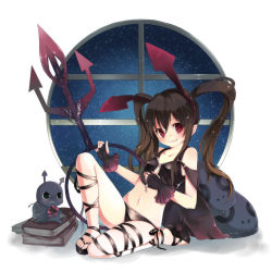 Rule 34 | 1girl, animal ears, ankle lace-up, bad id, bad pixiv id, bare shoulders, blush, book, brown hair, cape, chain, cross-laced footwear, fingerless gloves, flat chest, gloves, grin, hase neet, leg ribbon, long hair, looking at viewer, midriff, monster, original, panties, polearm, red eyes, ribbon, sandals, side-tie panties, sitting, smile, smirk, solo, thigh ribbon, trident, twintails, underwear, weapon