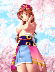 Rule 34 | 1girl, absurdres, blush, breasts, cherry blossoms, creatures (company), esther shen, female focus, game freak, hair ornament, hair ribbon, hand on head, head tilt, highres, japanese clothes, kimono, legs, lips, long hair, looking at viewer, nintendo, nipples, oichi, oichi (pokemon conquest), oichi (sengoku musou), open clothes, open kimono, parted lips, pokemon, pokemon conquest, ponytail, red eyes, red hair, ribbon, sengoku musou, solo, topless, tree, upper body, very long hair