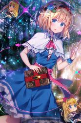 Rule 34 | 1girl, :o, alice margatroid, ascot, bad id, bad twitter id, black footwear, black skirt, blonde hair, blue dress, blue eyes, blush, book, bow, breasts, brooch, capelet, center frills, center opening, commentary request, cross-laced clothes, dress, feet out of frame, forest, frills, grimoire of alice, hair bow, hairband, highres, holding, holding book, holding sword, holding weapon, jewelry, keyhole, koto seori, long hair, looking at viewer, medium breasts, nature, open mouth, parted lips, petticoat, puppet rings, red ascot, red bow, red hairband, red sash, ring, sash, shanghai doll, short hair, skirt, solo, sparkle, sword, touhou, tree, water drop, weapon, white capelet, wing collar, wrist cuffs