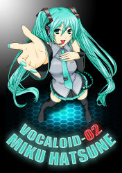 Rule 34 | 1girl, absurdres, breasts, character name, colorized, copyright name, detached sleeves, green eyes, green hair, hatsune miku, highres, kiryu (1003), long hair, looking at viewer, matching hair/eyes, necktie, open mouth, skirt, smile, solo, thighhighs, twintails, very long hair, vocaloid