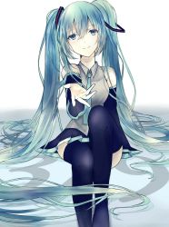 Rule 34 | 1girl, aqua eyes, aqua hair, arm at side, arm support, bad id, bad pixiv id, black thighhighs, breasts, closed mouth, cowboy shot, detached sleeves, hair between eyes, hatsune miku, head tilt, highres, hirakana, legs together, long hair, long sleeves, looking at viewer, necktie, pleated skirt, reaching, sidelocks, simple background, sitting, skirt, smile, solo, thighhighs, twintails, very long hair, vocaloid, wide sleeves, zettai ryouiki