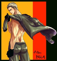 Rule 34 | 00s, 1boy, abs, ass, axis powers hetalia, blonde hair, blue eyes, flag, germany, germany (hetalia), gloves, hair slicked back, highres, looking back, male focus, manly, military, military uniform, muscular, topless male, short hair, sideburns, solo, tokotoko, uniform