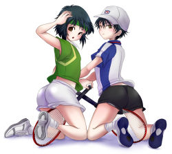 Rule 34 | 2boys, androgynous, ass, baseball cap, black hair, blush, brown eyes, child, dan taichi, echizen ryooma, from behind, frown, gym shorts, gym uniform, hat, headband, jacket, looking at viewer, looking back, male focus, multiple boys, open mouth, parted lips, racket, shoes, short hair, shorts, sportswear, tennis no ouji-sama, tennis racket, tennis uniform, track jacket, trap, yk (waikeee)