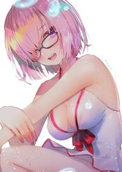 Rule 34 | 1girl, bad id, bad twitter id, bare shoulders, black-framed eyewear, blush, breasts, cleavage, fate/grand order, fate (series), glasses, hair over one eye, hanato (seonoaiko), highres, large breasts, looking at viewer, mash kyrielight, mash kyrielight (swimsuit of perpetual summer), official alternate costume, one-piece swimsuit, open mouth, pink hair, purple eyes, short hair, sidelocks, simple background, smile, solo, swimsuit, twitter username, upper body, water drop, white background, white one-piece swimsuit