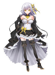 Rule 34 | 1girl, bare shoulders, black footwear, black gloves, black jacket, black skirt, black thighhighs, boots, bow, breasts, cleavage, closed mouth, commentary request, commission, covered navel, frilled skirt, frills, full body, garter straps, gloves, grey hair, hair bow, highres, hood, hood down, hooded jacket, jacket, layered skirt, leotard, leotard under clothes, long hair, long sleeves, medium breasts, off shoulder, one side up, open clothes, open jacket, original, simple background, skeb commission, skirt, smile, solo, thighhighs, thighhighs under boots, tori (10ri), white background, white leotard, yellow bow, yellow eyes