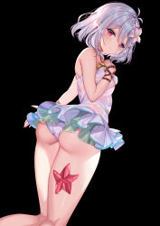 Rule 34 | 1girl, absurdres, alternate costume, antenna hair, ass, bare shoulders, black background, blush, breasts, commentary request, flower, frilled swimsuit, frills, from behind, hair between eyes, hair flower, hair ornament, highres, kokkoro (princess connect!), kokkoro (summer) (princess connect!), looking at viewer, looking back, pink eyes, pointy ears, princess connect!, shanguier, short hair, silver hair, simple background, small breasts, smile, solo, starfish, swimsuit, thighs, wading, wet, white flower