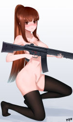 Rule 34 | 1girl, absurdres, artist name, assault rifle, black thighhighs, blush, brown eyes, brown hair, convenient censoring, female pubic hair, gun, h&amp;k hk33, highres, hk33e (upotte!!), holding, holding weapon, hyo (lhyorin), kneeling, legs, long hair, mole, nude, on one knee, ponytail, pubic hair, rifle, simple background, solo, thighhighs, upotte!!, very long hair, weapon
