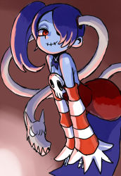 Rule 34 | 1girl, bare shoulders, blue skin, blush, colored skin, detached collar, detached sleeves, dress, hair over one eye, leviathan (skullgirls), looking at viewer, red eyes, side ponytail, skull, skullgirls, smile, squigly (skullgirls), stitched mouth, stitches, striped, striped sleeves, yamamoto souichirou, zombie
