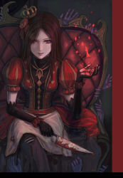 Rule 34 | 1girl, alice: madness returns, alice (alice in wonderland), alice in wonderland, alice liddell (american mcgee&#039;s alice), american mcgee&#039;s alice, bad id, bad pixiv id, blood, bloody tears, brown hair, chess piece, crown, elbow gloves, gloves, hwansang, knife, mini crown, red eyes, sitting, solo