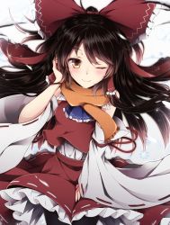 Rule 34 | 1girl, ascot, black hair, black legwear, blush, bow, commentary request, cowboy shot, detached sleeves, frilled bow, frilled shirt collar, frilled skirt, frills, hair bow, hair tubes, hakurei reimu, highres, long hair, looking at viewer, one eye closed, orange scarf, red bow, red skirt, red vest, ribbon-trimmed skirt, ribbon-trimmed sleeves, ribbon trim, scarf, sidelocks, skirt, smile, snowflakes, solo, touhou, toyosaki shu, white background, yellow eyes