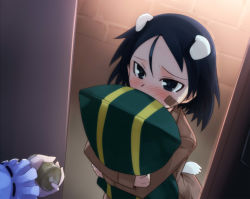 Rule 34 | 10s, 1girl, animal ears, bad id, bad pixiv id, bandaid, bandaid on face, black hair, blue eyes, blush, brave witches, dog ears, kanno naoe, null (nyanpyoun), hugging object, pillow, pillow hug, short hair, solo focus, strike witches, tail, world witches series