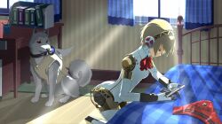 Rule 34 | 1girl, absurdres, aegis (persona), android, animal, armband, bed, blonde hair, blue eyes, book, bow, clothed animal, dog, evoker, fake wings, highres, joints, kneeling, koromaru (persona), lateeen 239, looking down, persona, persona 3, robot ears, robot girl, robot joints, s.e.e.s, sunlight, table, tank top, unworn armband, window, wings