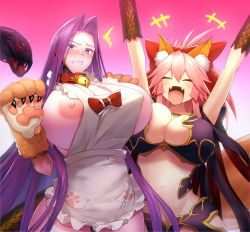 Rule 34 | 1girl, 2girls, animal ear fluff, animal ears, apron, bare shoulders, bell, blush, bow, breasts, bustier, claws, cleavage, clenched teeth, collar, collarbone, cosplay, costume switch, embarrassed, fate/extra, fate/grand order, fate (series), forehead, fox ears, fox girl, fox tail, frills, gorgon (fate), gorgon (fate) (cosplay), hair between eyes, hair bow, highres, huge breasts, jingle bell, large breasts, long hair, looking at viewer, medusa (fate), medusa (rider) (fate), minami koyogi, monster girl, multiple girls, naked apron, navel, neck bell, nipple slip, nipples, open mouth, parted bangs, pink background, pink hair, ponytail, purple eyes, purple hair, red bow, rider, scales, sideboob, sidelocks, smile, snake hair, tail, tamamo (fate), tamamo cat (fate), tamamo cat (fate) (cosplay), tamamo cat (third ascension) (fate), teeth, very long hair, white apron, yellow eyes