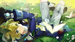 Rule 34 | 1boy, absurdres, apple, aqua eyes, bird, black gloves, blonde hair, blue jacket, book, boots, brown footwear, closed mouth, duck, flower, food, fruit, genshin impact, gloves, grass, hair between eyes, highres, holding, holding book, jacket, leaf, long sleeves, looking at viewer, lying, male focus, mika (genshin impact), multicolored hair, necktie, on back, on ground, open book, outdoors, red hair, shorts, solo, sparkle, vision (genshin impact), white flower, wumumu, yellow necktie
