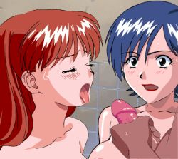 Rule 34 | 1boy, 2girls, animated, asuka (viper), blue eyes, blue hair, breasts, brown hair, closed eyes, collarbone, erection, eyelashes, hetero, large breasts, lips, long hair, looking at viewer, lowres, masturbation, miki (viper), multiple girls, open mouth, penis, portrait, rape, shiny skin, short hair, tagme, third-party edit, tongue, tongue out, veins, veiny penis, viper, viper ctr