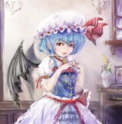 Rule 34 | 1girl, ascot, bat wings, blue hair, brooch, cupboard, earrings, eyelashes, fang, fang out, fangs, frilled skirt, frills, hat, hat ribbon, indoors, jewelry, light smile, lips, looking at viewer, mob cap, picture frame, pointy ears, puffy short sleeves, puffy sleeves, red eyes, remilia scarlet, ribbon, shadow, short hair, short sleeves, sketch, skirt, solo, steepled fingers, touhou, txoxsxhxi, vase, vest, wings