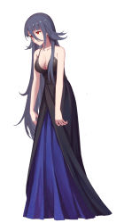 Rule 34 | 1girl, bare arms, black dress, blue dress, breasts, cleavage, collarbone, dress, evening gown, full body, grey hair, hair between eyes, highres, leaning forward, long dress, long hair, medium breasts, parted lips, red eyes, ren fuzi, simple background, sleeveless, sleeveless dress, solo, standing, straight hair, two-tone dress, very long hair, white background, yamada tae, zombie land saga