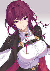 Rule 34 | 1girl, black jacket, breasts, chest harness, closed mouth, clothing cutout, collared shirt, earrings, gradient background, harness, highres, honkai: star rail, honkai (series), jacket, jewelry, kafka (honkai: star rail), large breasts, long hair, long sleeves, looking at viewer, open clothes, open jacket, purple eyes, purple hair, shirt, shoulder cutout, signature, smile, solo, unel, upper body, white shirt