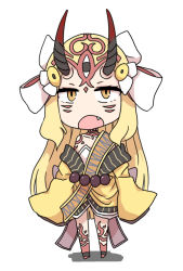 Rule 34 | 1girl, blonde hair, chibi, fang, fate/grand order, fate (series), horns, ibaraki douji (fate), japanese clothes, kimono, monster girl, oni, open mouth, simple background, tattoo, white background, yellow eyes
