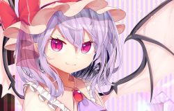 Rule 34 | 1girl, ascot, bat wings, bow, brooch, commentary request, dress, fang, fang out, frilled shirt collar, frills, gunjou row, hair between eyes, hat, hat bow, highres, jewelry, light purple hair, looking at viewer, mob cap, pink background, pink dress, pink eyes, pink hat, portrait, purple ascot, purple background, red bow, remilia scarlet, see-through, see-through sleeves, short hair, slit pupils, smile, solo, striped, striped background, touhou, vertical stripes, wings