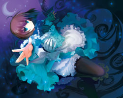 Rule 34 | 1girl, apron, bad id, bad pixiv id, black pantyhose, blue background, blue dress, blue eyes, brown hair, dress, frills, full body, gradient background, lily (shiei no sona-nyl), outstretched hand, pantyhose, purple background, shiei no sona-nyl, short hair, smile, solo, steampunk (liarsoft), tokitsukaze otoha