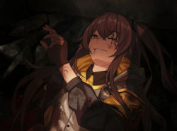 Rule 34 | 1girl, arm up, black gloves, brown eyes, brown hair, buttons, cero (last2stage), collar, commentary request, damaged, dirt, dirty, dirty clothes, dirty face, fingerless gloves, girls&#039; frontline, gloves, grey jacket, hair between eyes, hair ornament, jacket, korean commentary, light, long hair, long sleeves, looking at viewer, lying, mechanical parts, on back, one eye closed, one side up, parted lips, scar, scar across eye, scar on face, shadow, shirt, sidelocks, smile, solo, ump45 (girls&#039; frontline)