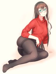 Rule 34 | 1girl, alternate costume, arm support, ass, bespectacled, black hairband, black pantyhose, blue-framed eyewear, blush, brown hair, foreshortening, full body, glasses, green eyes, hairband, highres, kantai collection, long hair, long sleeves, looking at viewer, no shoes, ooyodo (kancolle), panties, panties under pantyhose, pantyhose, reclining, red sweater, simple background, solo, sweater, thighband pantyhose, underwear, yellow background, yuuji (and)