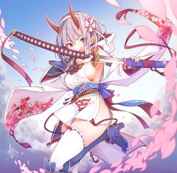 Rule 34 | 1girl, breasts, cherry blossoms, day, earrings, floral print, grey hair, hairband, holding, holding sword, holding weapon, horns, japanese clothes, jewelry, katana, konnyaku (kk-monmon), large breasts, looking at viewer, obi, oni horns, original, outdoors, pelvic curtain, pointy ears, red eyes, ribbon-trimmed legwear, ribbon trim, sash, sheath, short hair, sideboob, solo, sword, thick eyebrows, thighhighs, thighs, unsheathing, weapon, white thighhighs