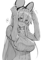 Rule 34 | 10mo, 1girl, :d, adjusting headwear, animal ears, blush, breasts, chinese zodiac, commentary request, fake animal ears, female focus, glasses, greyscale, hair between eyes, heart, highres, large breasts, long hair, long sleeves, looking at viewer, monochrome, motion lines, mouse ears, new year, open mouth, original, ribbed sweater, semi-rimless eyewear, simple background, smile, speech bubble, spoken heart, sweatdrop, sweater, upper body, very long hair, white background, year of the rat