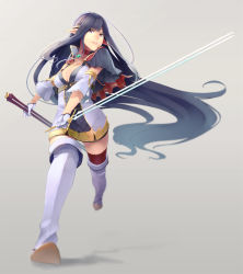 Rule 34 | 1girl, absurdly long hair, black hair, blurry, boots, breasts, choker, cleavage, depth of field, detached sleeves, foreshortening, full body, gloves, large breasts, long hair, original, pointy ears, purple eyes, retsuna, sheath, solo, sword, thigh boots, thighhighs, very long hair, weapon