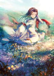 Rule 34 | 1girl, brown eyes, brown hair, catiua powell, closed mouth, crown, dress, flower, full body, grass, hair intakes, hairband, hand up, highres, long hair, long sleeves, looking away, miyama (lacrima01), outdoors, sitting, smile, solo, tactics ogre, white dress