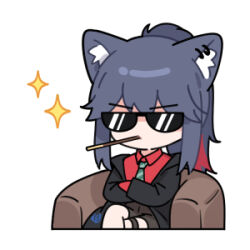 Rule 34 | 1girl, animal ears, arknights, armchair, black hair, black jacket, chair, chibi, crossed arms, crossed legs, dress shirt, ear piercing, feet out of frame, food, food in mouth, green necktie, huang qing ye, jacket, long hair, lowres, mouth hold, necktie, open clothes, open jacket, piercing, pocky, ponytail, red hair, red shirt, shirt, sidelocks, simple background, sitting, solo, sparkle, sunglasses, texas (arknights), texas (willpower) (arknights), v-shaped eyebrows, white background, wolf ears