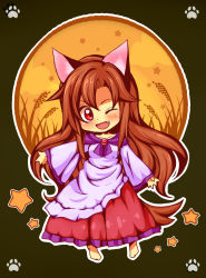 Rule 34 | 1girl, ;d, animal ears, brown hair, dress, fang, frilled dress, frills, full moon, highres, imaizumi kagerou, long hair, moon, one eye closed, open mouth, paw print, red eyes, smile, star (symbol), tail, totoharu (kujirai minato), touhou, wink, wolf ears, wolf tail
