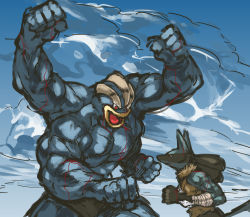 Rule 34 | battle, blood, blue skin, colored skin, creatures (company), extra arms, faceoff, fighting stance, furry, game freak, gen 1 pokemon, gen 4 pokemon, height difference, highres, injury, lucario, machamp, muscular, nameo (judgemasterkou), nintendo, pokemon, pokemon (creature), red eyes, topless male