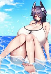 Rule 34 | 1girl, afloat, bikini, blue sky, blush, breasts, bubble, cloud, hair between eyes, headgear, highres, huge breasts, kantai collection, long hair, looking at viewer, messy hair, nose, ocean, outdoors, partially submerged, sky, smile, swimsuit, tenryuu (kancolle), thick thighs, thighs, water, white bikini, yellow eyes, yuudadou