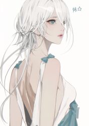 1girl aged_up aqua_bow aqua_eyes backless_dress backless_outfit bare_arms bare_back bare_shoulders bow breasts commentary d.k dress dress_bow from_side hair_over_one_eye long_hair looking_to_the_side median_furrow nier nier_(series) one_eye_covered parted_lips shoulder_blades shoulder_blush sideless_dress simple_background small_breasts solo upper_body white_background white_dress white_hair yonah