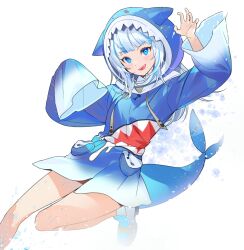 Rule 34 | 1girl, :d, absurdres, animal hood, blue eyes, blue hair, blue hoodie, blunt bangs, breasts, dutch angle, fins, fish tail, gawr gura, gawr gura (1st costume), hands up, highres, hololive, hololive english, hood, hood up, hoodie, long sleeves, looking at viewer, medium hair, multicolored hair, no pants, open mouth, seoji, shark hood, shark tail, sharp teeth, shoes, simple background, sleeves past fingers, sleeves past wrists, small breasts, smile, sneakers, solo, streaked hair, tail, teeth, virtual youtuber, water drop, white background, white footwear, white hair, wide sleeves
