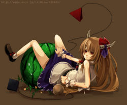 Rule 34 | 1girl, bad id, bad pixiv id, bare shoulders, blue skirt, bow, bowtie, brown background, chain, expressionless, female focus, food, from behind, fruit, gourd, hair bow, horns, ibuki suika, impossible clothes, legs up, loafers, looking at viewer, looking back, lying, on back, oni, red bow, red bowtie, riku (artist), riku (wana), shoes, skirt, solo, tassel, touhou, watermelon, wrist cuffs