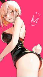 Rule 34 | 1girl, animal ears, ass, bare shoulders, bareback, black leotard, blonde hair, breasts, fake animal ears, from side, highres, large breasts, leotard, looking at viewer, original, parted lips, pink background, playboy bunny, rabbit ears, rabbit tail, short hair, smile, tail, tomozero, yellow eyes