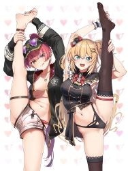 Rule 34 | 2girls, :d, :q, absurdres, akai haato, akai haato (gothic lolita), anklet, arm up, armpits, barefoot, bikini, black capelet, black dress, black jacket, black legwear, black panties, blonde hair, blue eyes, blush, bow, bowtie, breasts, brooch, buttons, capelet, clothing cutout, double-breasted, dress, earrings, flower, foot out of frame, frills, hair between eyes, hair flower, hair ornament, hairclip, heart, heart cutout, heart hair ornament, heterochromia, high ponytail, highleg, highleg bikini, highleg panties, highres, hololive, houshou marine, houshou marine (summer), jacket, jewelry, large breasts, legs, long hair, looking at viewer, medium breasts, multiple girls, navel, necklace, no pants, official alternate costume, open mouth, panties, red bikini, red bow, red eyes, red hair, red neckwear, shinomu (cinomoon), shorts, simple background, sleeveless, sleeveless dress, smile, split, standing, standing on one leg, standing split, sweat, swimsuit, thigh strap, thighhighs, thighs, tongue, tongue out, trembling, two side up, underwear, virtual youtuber, white background, white shorts, wing collar, wrist cuffs, x hair ornament, yellow eyes